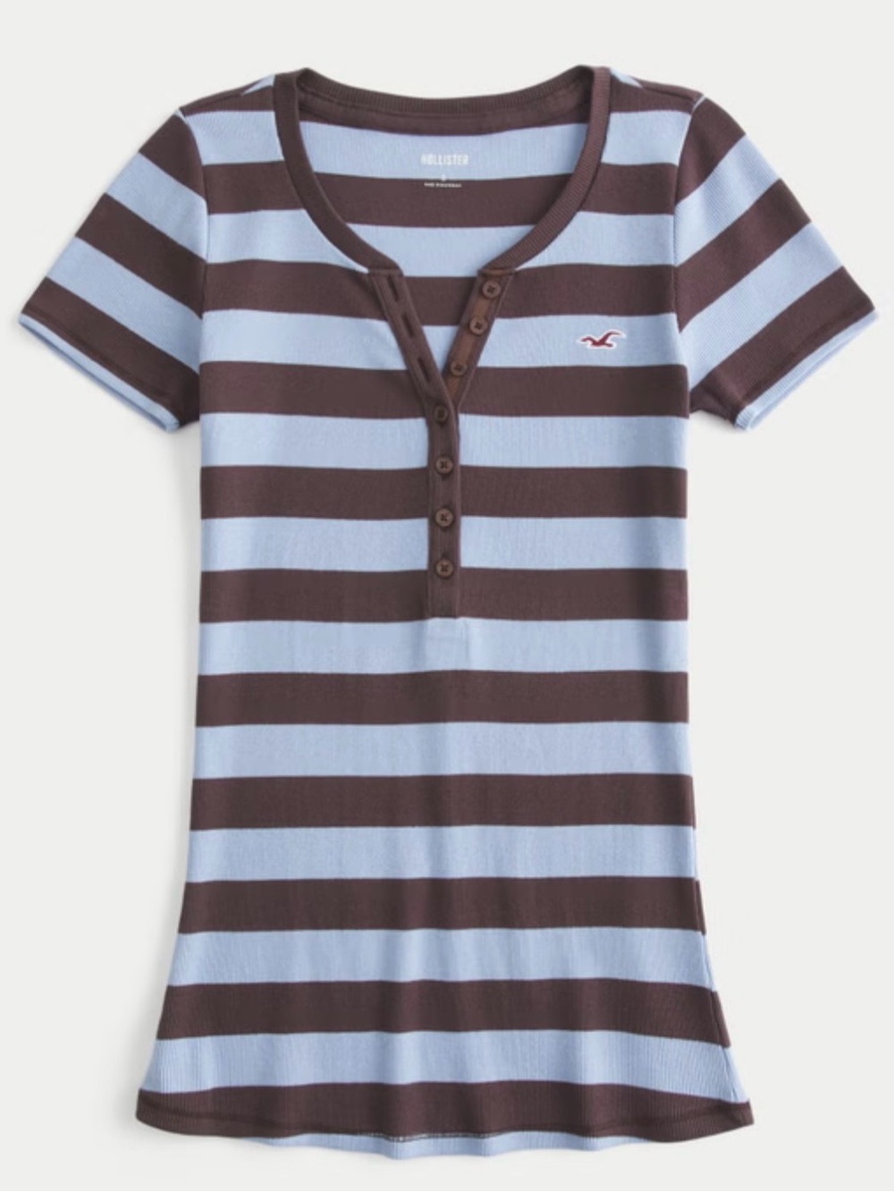 Hollister Striped Short Sleeve Henley Top - Light Blue & Brown